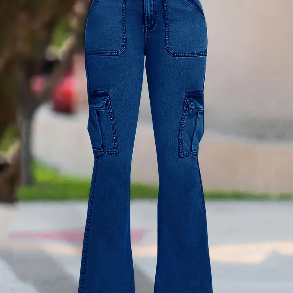 Women's High-Waist Stretch Denim Flare Jeans - Comfort Fit, Classic Slash Pockets, Dark Blue Washed, All-Season Wear