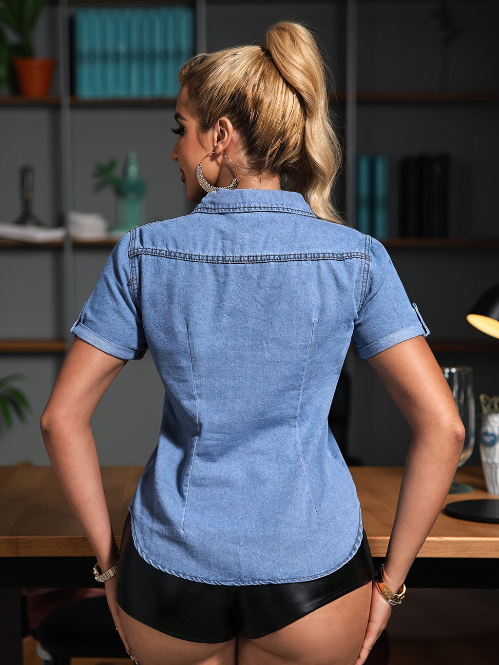 Women'S Stylish Washed Blue Denim Jacket - Slim Fit Short Sleeve Button-Up Shirt with Flap Pockets, Casual Street Style, Light Blue Denim, Spring\u002FSummer Essential, Versatile Layering Piece, Jean Jacket