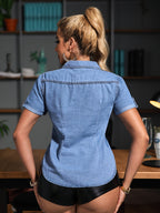 Women'S Stylish Washed Blue Denim Jacket - Slim Fit Short Sleeve Button-Up Shirt with Flap Pockets, Casual Street Style, Light Blue Denim, Spring\u002FSummer Essential, Versatile Layering Piece, Jean Jacket