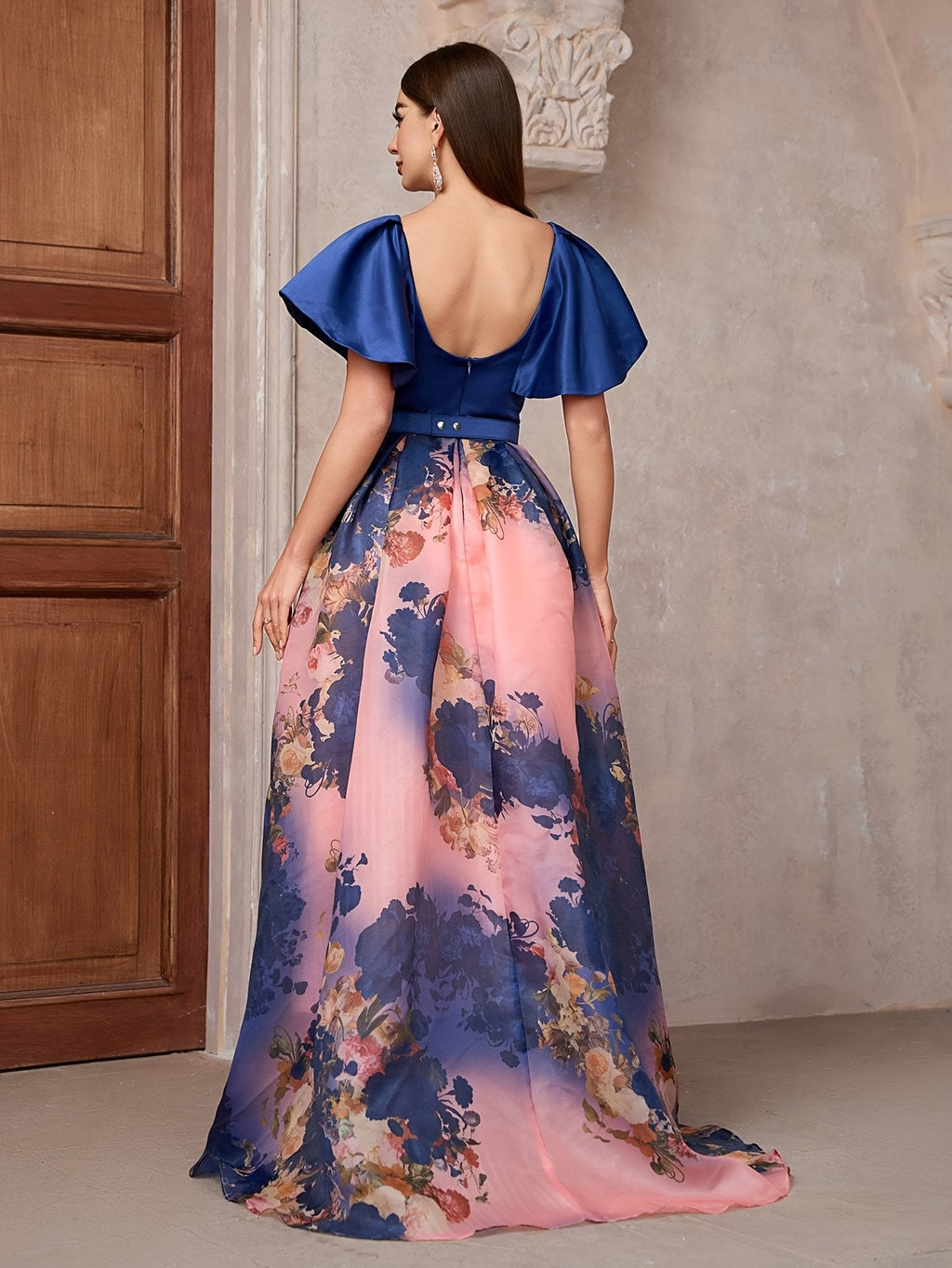 TOLEEN Elegant Floral Print Halter Dress with Belt - Sweetheart Collar, Ruffle Hem, Sleeveless Long Gown for Bridesmaids & Weddings, Polyester, All-Season Wear, Bridesmaid Dress | Ruffle Hem Dress | Polyester Fabri