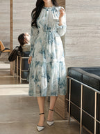 Elegant Floral Print A-Line Dress with Adjustable Waist and Crew Neck - Light Blue Floral Pattern, Short Sleeve, Summer Women'S Dress, Elegant Event Attire | Floral Print Dress | Sleeveless Dres