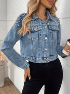 Morin Women'S Denim Jacket with Rhinestone Embellishments, Elegant Solid Color, Button-Up, Non-Stretch Fabric, Spring\u002FAutumn Fashion Top, Woven Craftsmanship