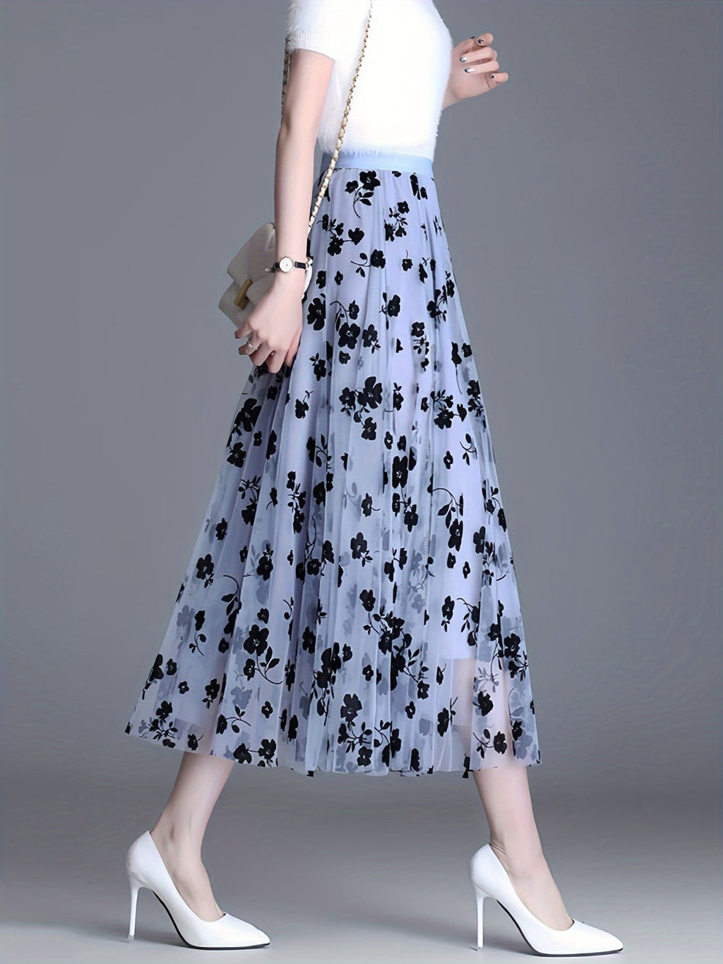 Directional Elegant Floral Printed Mesh Skirt, High-Waisted Casual Long Skirt, Women'S Clothing