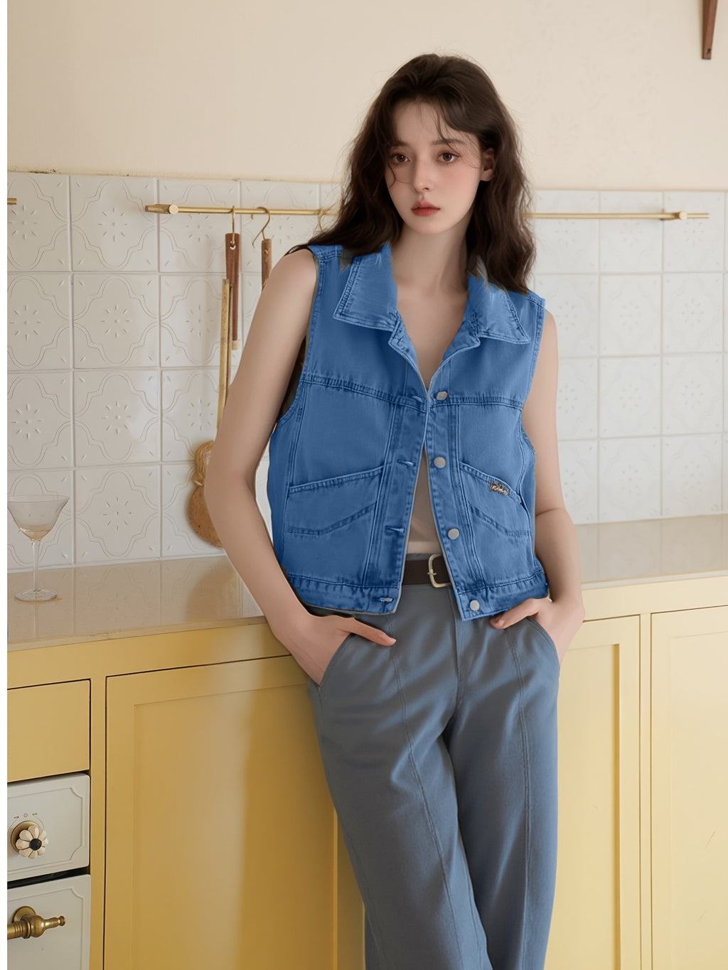 2025 New Women's Bohemian Embroidered Denim Vest - Sleeveless Buttoned Jacket with Pockets, Light Blue Spring and Autumn Casual Outerwear