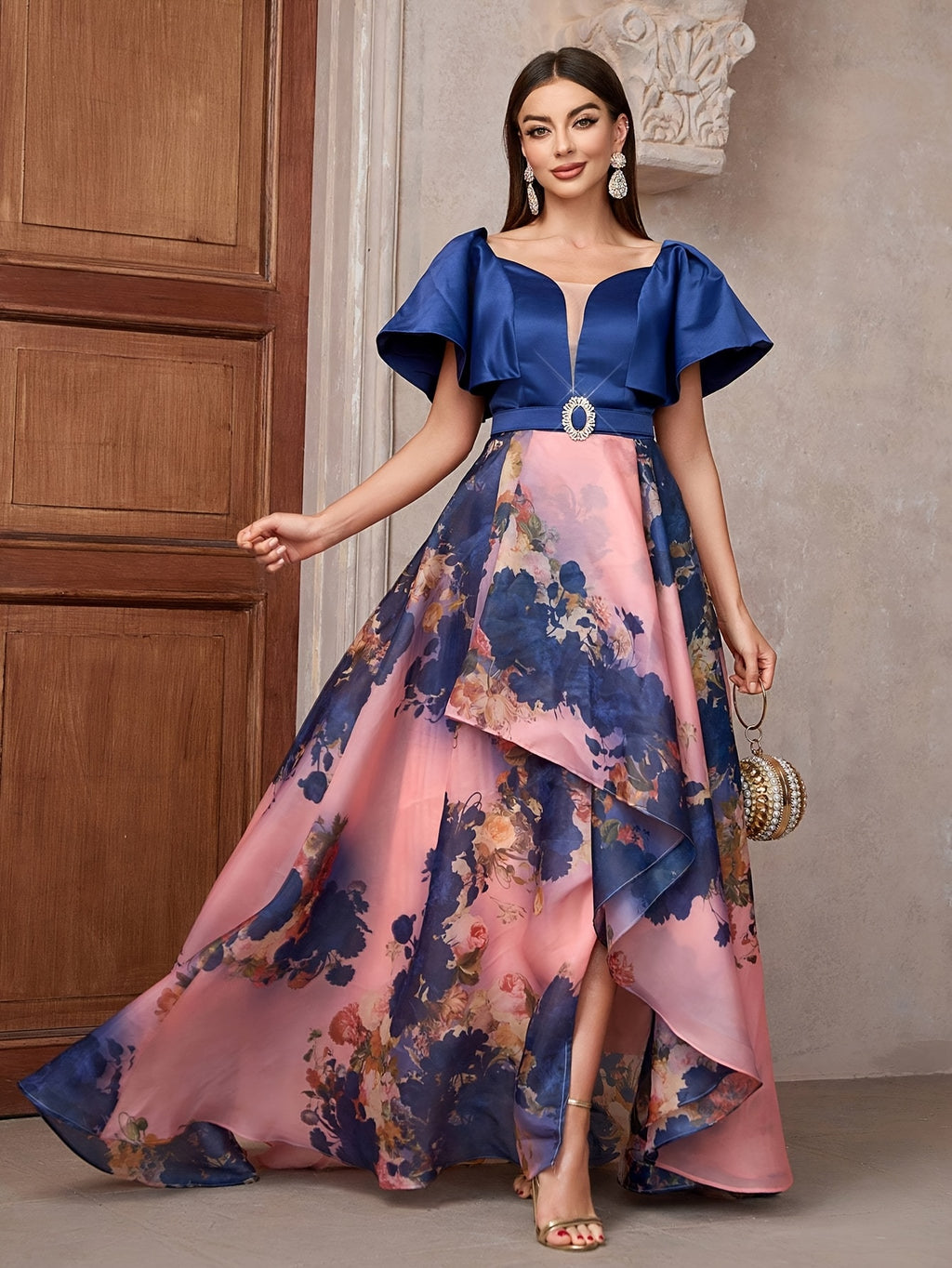 TOLEEN Elegant Floral Print Halter Dress with Belt - Sweetheart Collar, Ruffle Hem, Sleeveless Long Gown for Bridesmaids & Weddings, Polyester, All-Season Wear, Bridesmaid Dress | Ruffle Hem Dress | Polyester Fabri