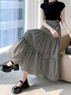 Women's High-Waist Black and White Gingham Pleated Skirt - Slimming A-Line Cut, Casual Summer Style, Lightweight and Breathable Fabric, Perfect for Staircase Outfits or Casual Attire
