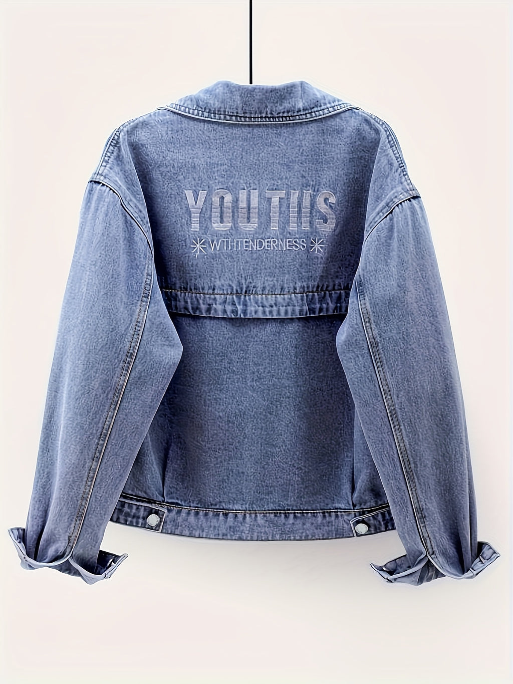 Chic Denim Letter Embroidered Jacket for Women - Loose Fit, Long Sleeve, Button-Up Design, Light Blue Washed Jean Coat, Perfect for Spring & Fall, Casual Yet Stylis