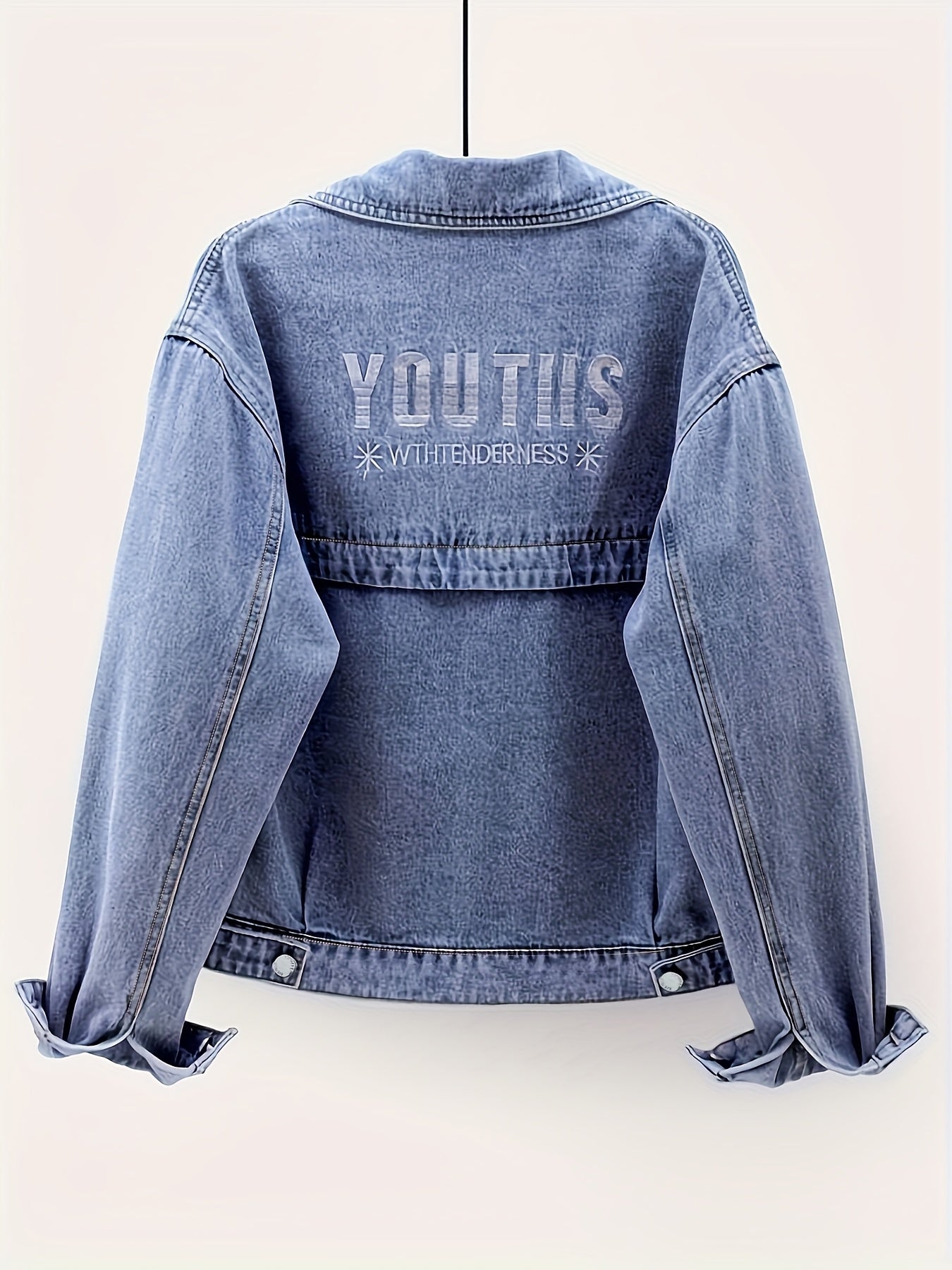 Chic Denim Letter Embroidered Jacket for Women - Loose Fit, Long Sleeve, Button-Up Design, Light Blue Washed Jean Coat, Perfect for Spring & Fall, Casual Yet Stylis