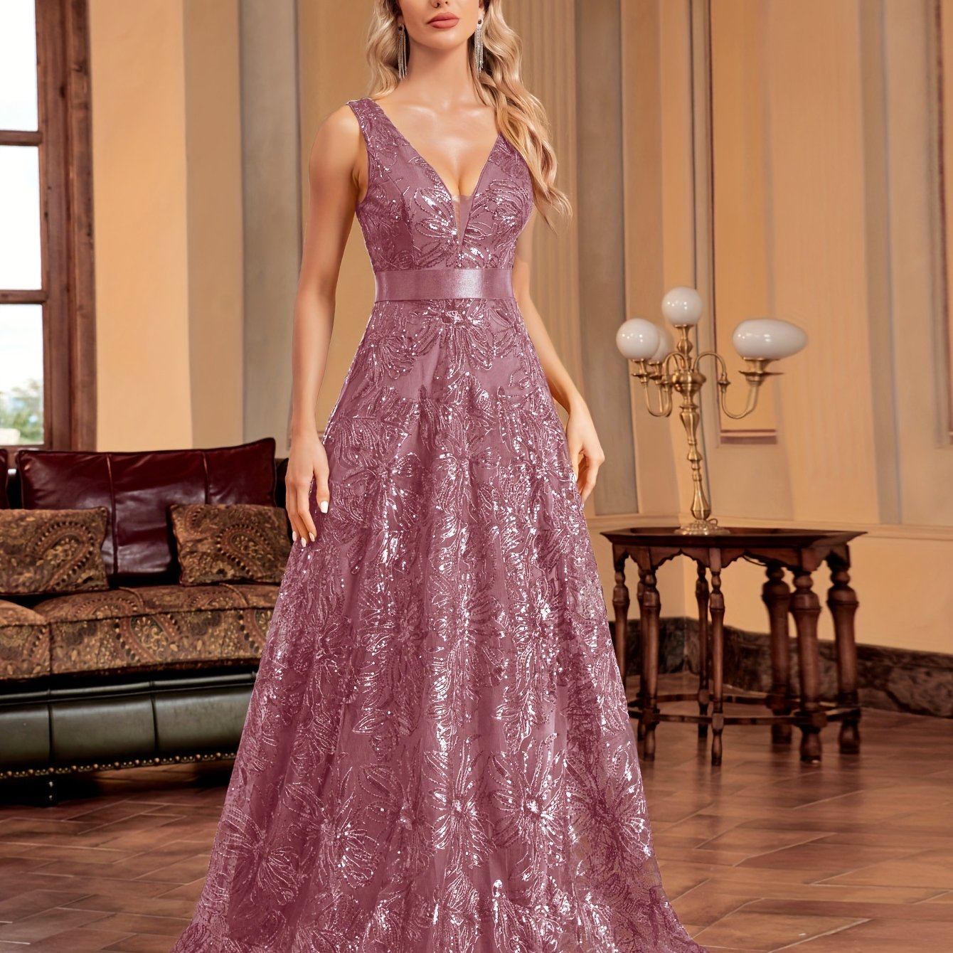 Elegant V-Neck Sequin Embroidered Sleeveless Maxi Dress for Women - Flowing Floor-Length Evening Gown with Lace Detailing, Perfect for Parties, Proms, and Formal Events