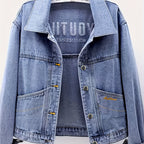 Women's Relaxed Fit Denim Jacket with Letter Embroidery - Lightweight 100% Polyester Machine-Washable Spring\u002FFall Casual Chic Coat for Commuting & Casual Attire