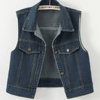 Women's Sleeveless Denim Vest - Retro Distressed Blue Washed -like Texture, Machine Washable All-Season Layering Piece, Casual Chic Short Jacket for Everyday Outfits, Sleek Flap Pockets