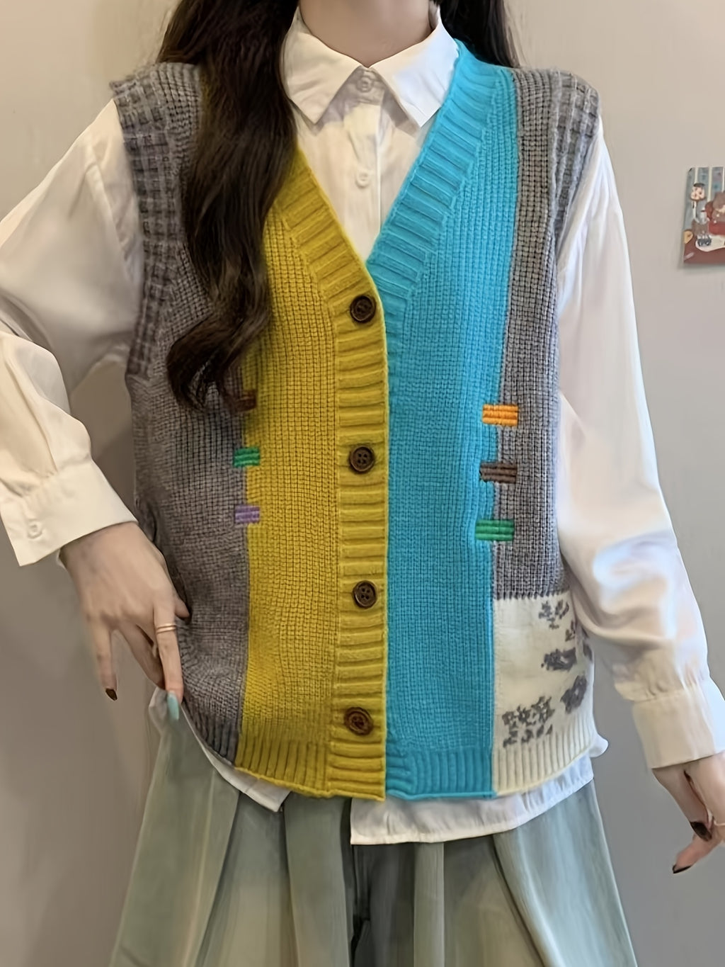 Women's Color Block V-Neck Knit Cardigan Vest - Stylish Loose Fit Sweater with Button Details, Acrylic Blend for Spring\u002FFall, Lightweight & Versatile Outerwear, Lightweight Cardigan