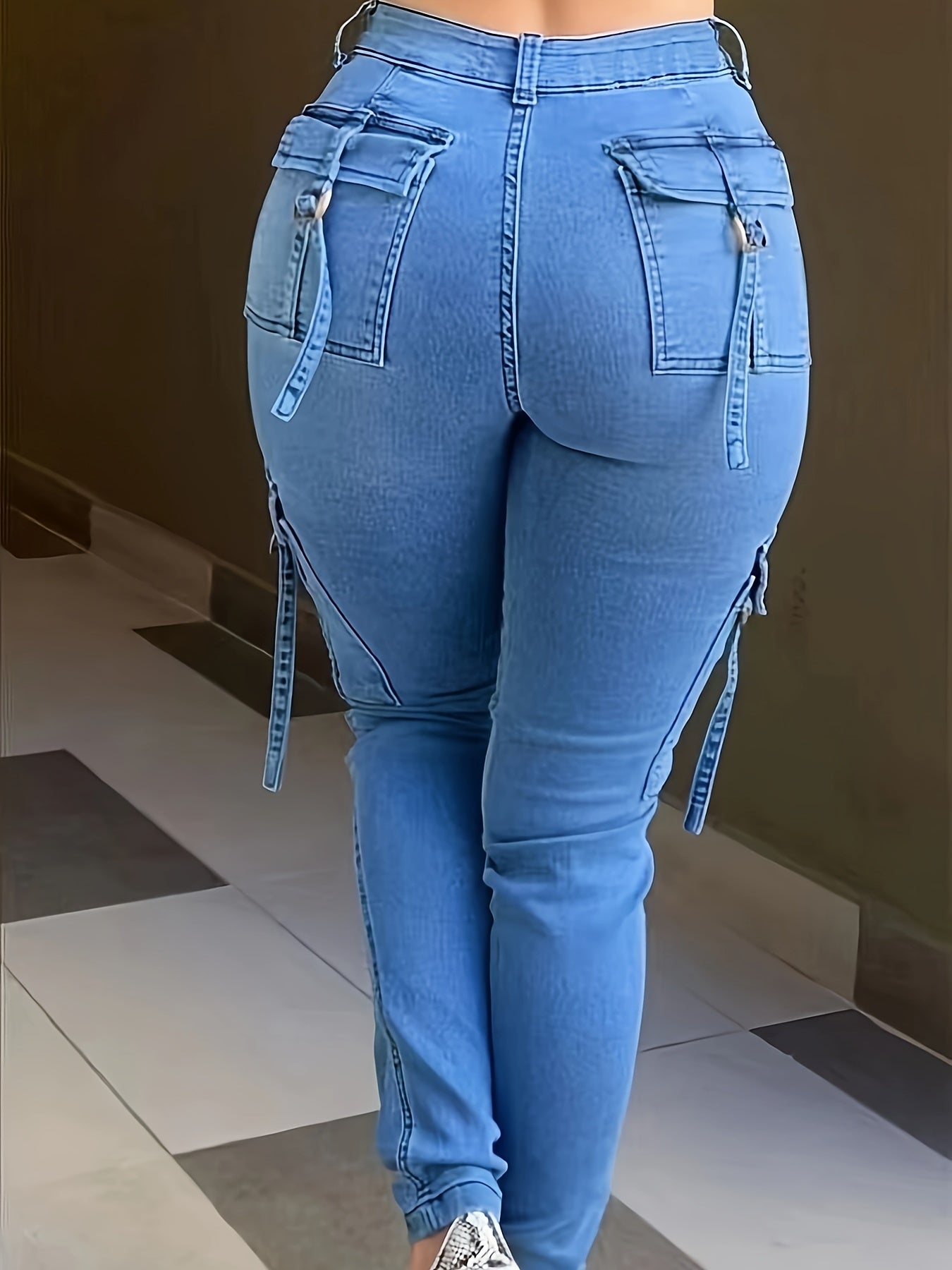 Women's High-Elasticity Skinny Cargo Jeans with Side Pockets - Stretch Denim, Mid-Rise, Light Blue, Street Style, Machine Washable