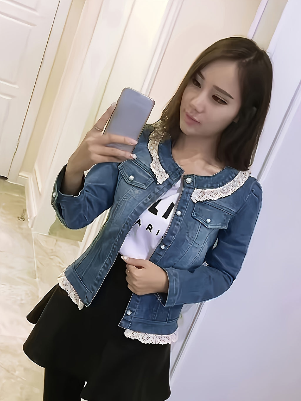 Lace Decor 3\u002F4 Sleeve Button Up Elegant Washed Blue Slim Fit Coquette Aesthetic Denim Jacket, Women's Denim Jeans & Clothing