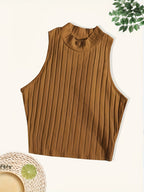 Middle East Special Solid Color Ribbed Vest 4pcs Set, Elegant Stand-up Collar Sleeveless Navel Top