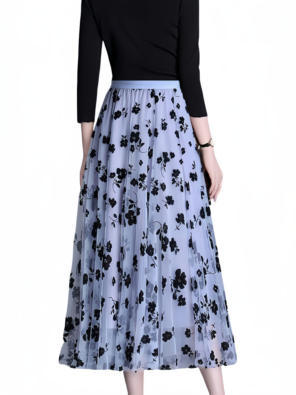 Directional Elegant Floral Printed Mesh Skirt, High-Waisted Casual Long Skirt, Women'S Clothing