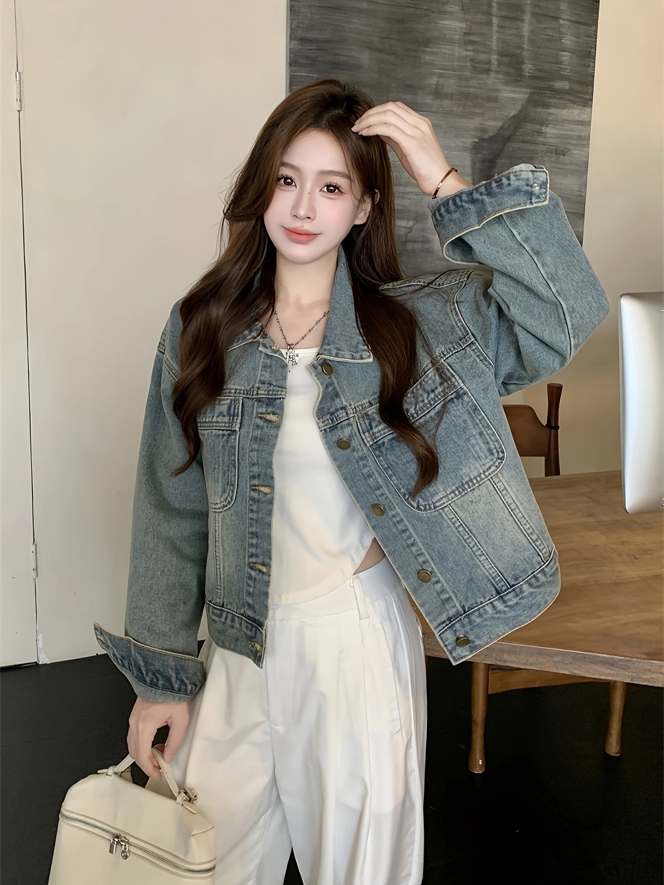 Women's Vintage Denim Jacket - Retro Cropped Short Sleeve Coat with Front Pockets, Machine Washable Regular Fit Casual Spring\u002FFall Outerwear, Cropped Denim Jacket