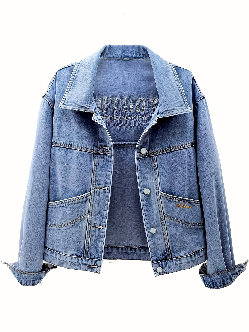 Chic Denim Letter Embroidered Jacket for Women - Loose Fit, Long Sleeve, Button-Up Design, Light Blue Washed Jean Coat, Perfect for Spring & Fall, Casual Yet Stylis