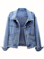 Women's Retro Slimming Loose Fit Short Jacket - 65% Blend Embroidered Letter Detail, Lapel Collar Spring\u002FFall Casual Outerwear, Versatile Blue Denim Coat for Casual Attire, Casual Women's Jacket | Embroidered Denim | Relaxed Fit Jacket