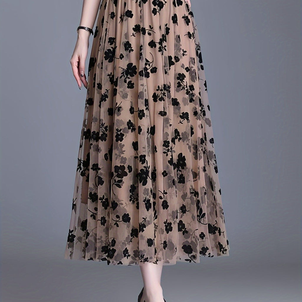Directional Elegant Floral Printed Mesh Skirt, High-Waisted Casual Long Skirt, Women'S Clothing