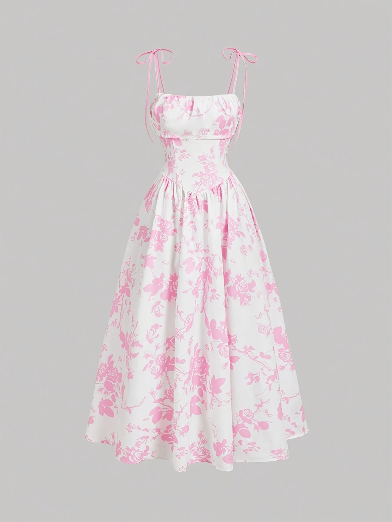 Elegant Floral Print Square Neck Dress for Women - Sleeveless A-Line Midi with Lace-Up Detail, Spring\u002FSummer\u002FFall Fashion, White with Blue Floral Patterns, Floral Dress