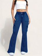 Women's High-Waist Stretch Denim Flare Jeans - Comfort Fit, Classic Slash Pockets, Dark Blue Washed, All-Season Wear