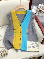 Women's Color Block V-Neck Knit Cardigan Vest - Stylish Loose Fit Sweater with Button Details, Acrylic Blend for Spring\u002FFall, Lightweight & Versatile Outerwear, Lightweight Cardigan