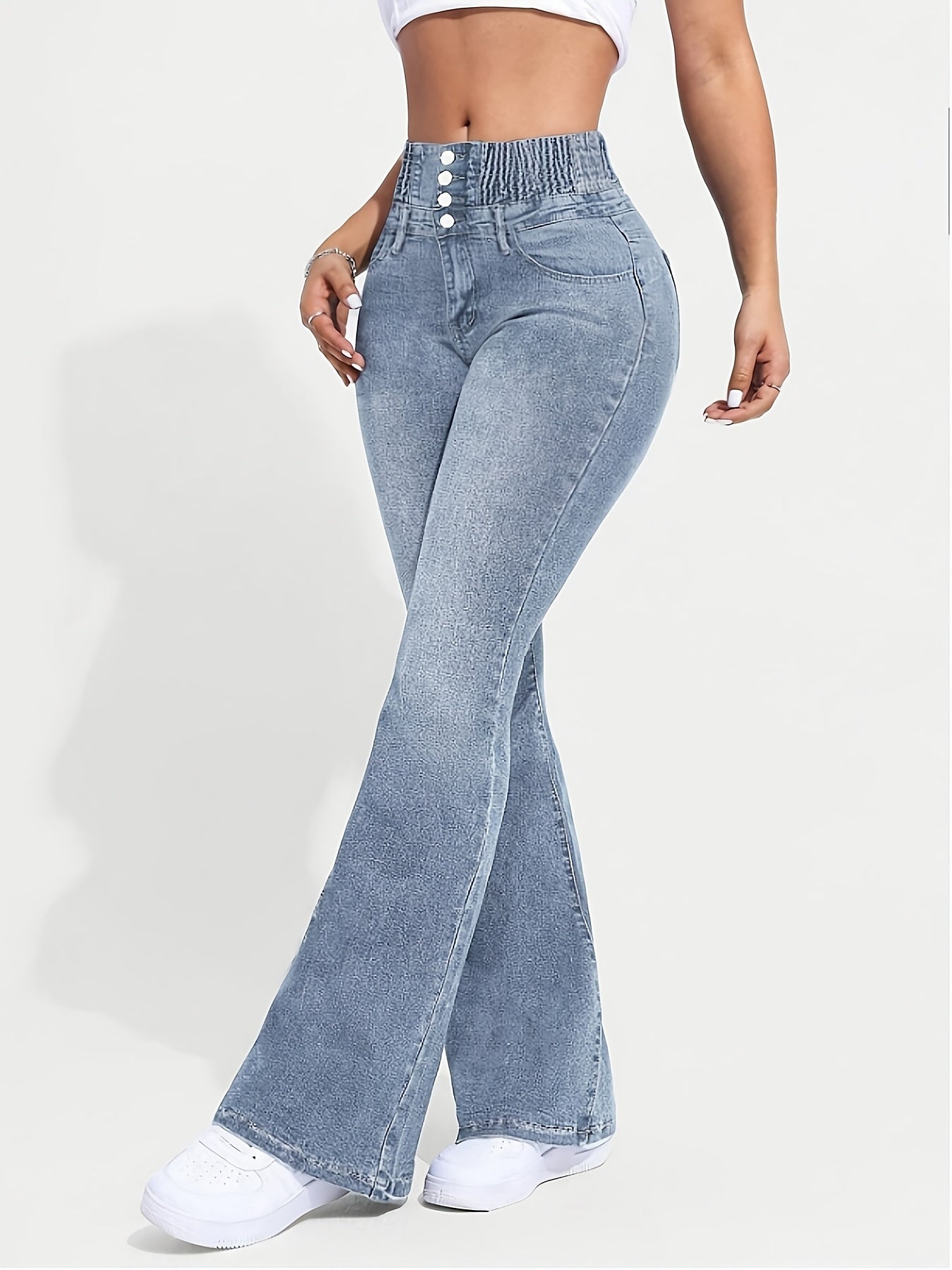 Stretch Comfort Women's High-Waist Stretch Denim Flare Jeans - Sexy Bell Bottoms with Slant Pockets, Light Blue Washed Mid-Rise Denim Pants for Everyday Style, Everyday Jeans | Sexy Highwaist Jeans | Comfortable Fit