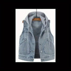 A Loose-Fitting Spring And Autumn Jacket in a Trendy Korean Style, Featuring Versatile Square Slant Pockets, Sleeveless Design, Short Length, And Single-Breasted Closure. The Hood Is Detachable, Making It a Stylish Hoodie Jacket.