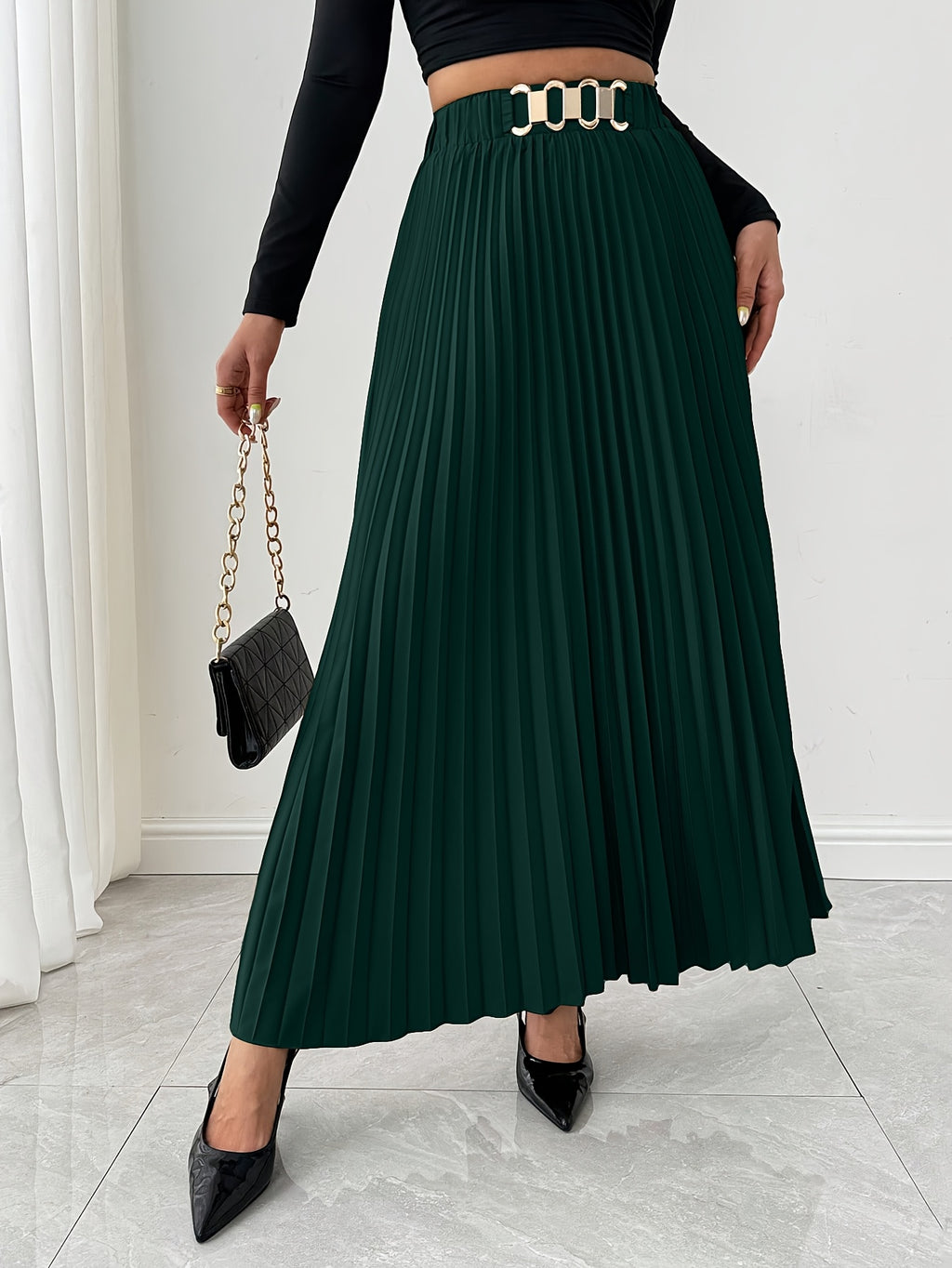 Women's Elegant Pleated Skirt - Dark Green Metallic Chain Belted Waist, Puffed Short Skirt with Vertical Pleats, Machine Washable 3-Season Spring Summer Fall Versatile Office to Party Wear, Cute Skirts