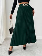 Women's Elegant Pleated Skirt - Dark Green Metallic Chain Belted Waist, Puffed Short Skirt with Vertical Pleats, Machine Washable 3-Season Spring Summer Fall Versatile Office to Party Wear, Cute Skirts