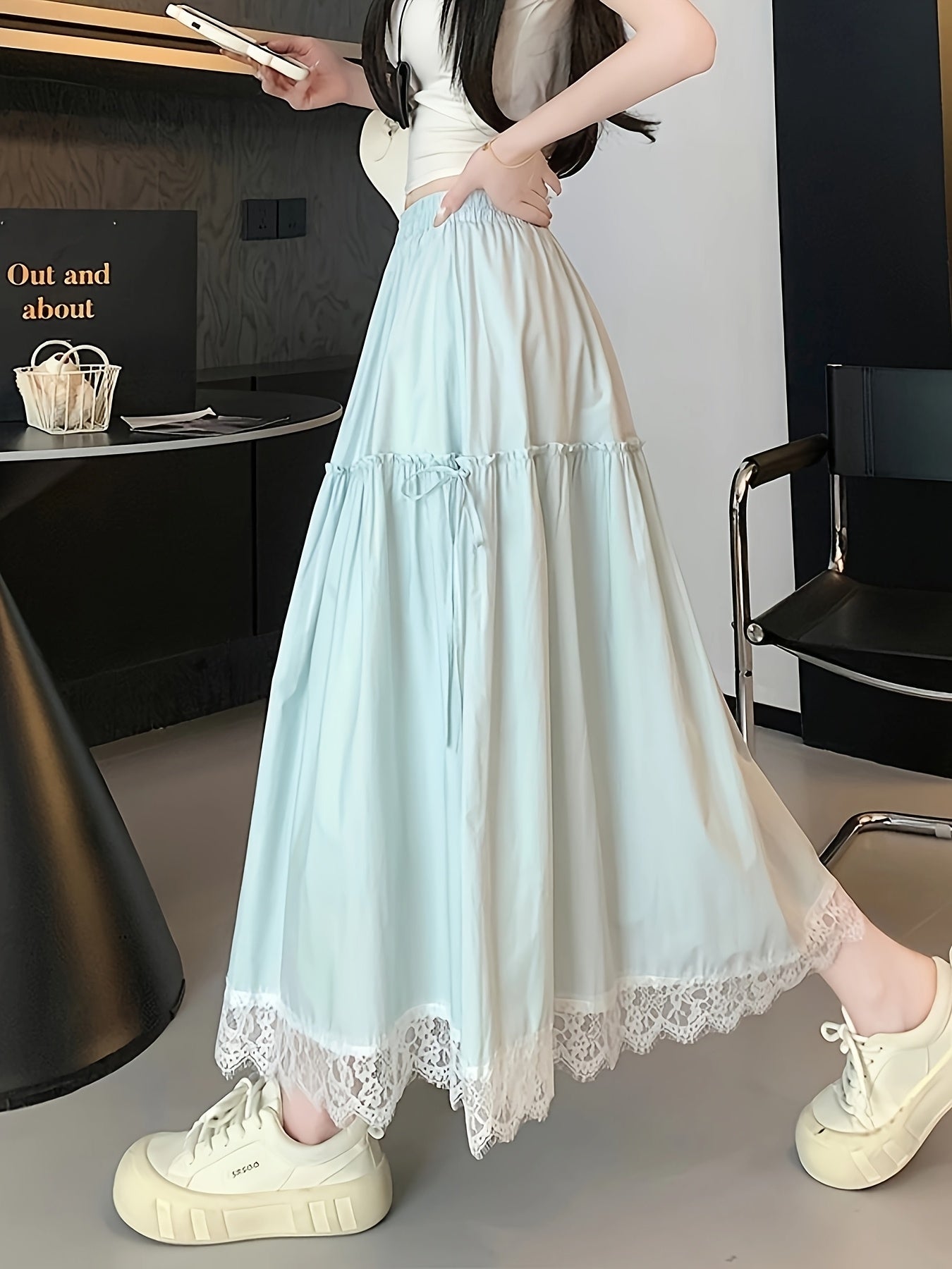 Elegant Blue Lace Trim A-Line Midi Skirt for Women - Lightweight Polyester, Flowy Umbrella Hem, Perfect for Spring\u002FSummer, Versatile Fashion Accessory, Summer Fashion | Flowy A-Line Skirt | Lightweight Skirt