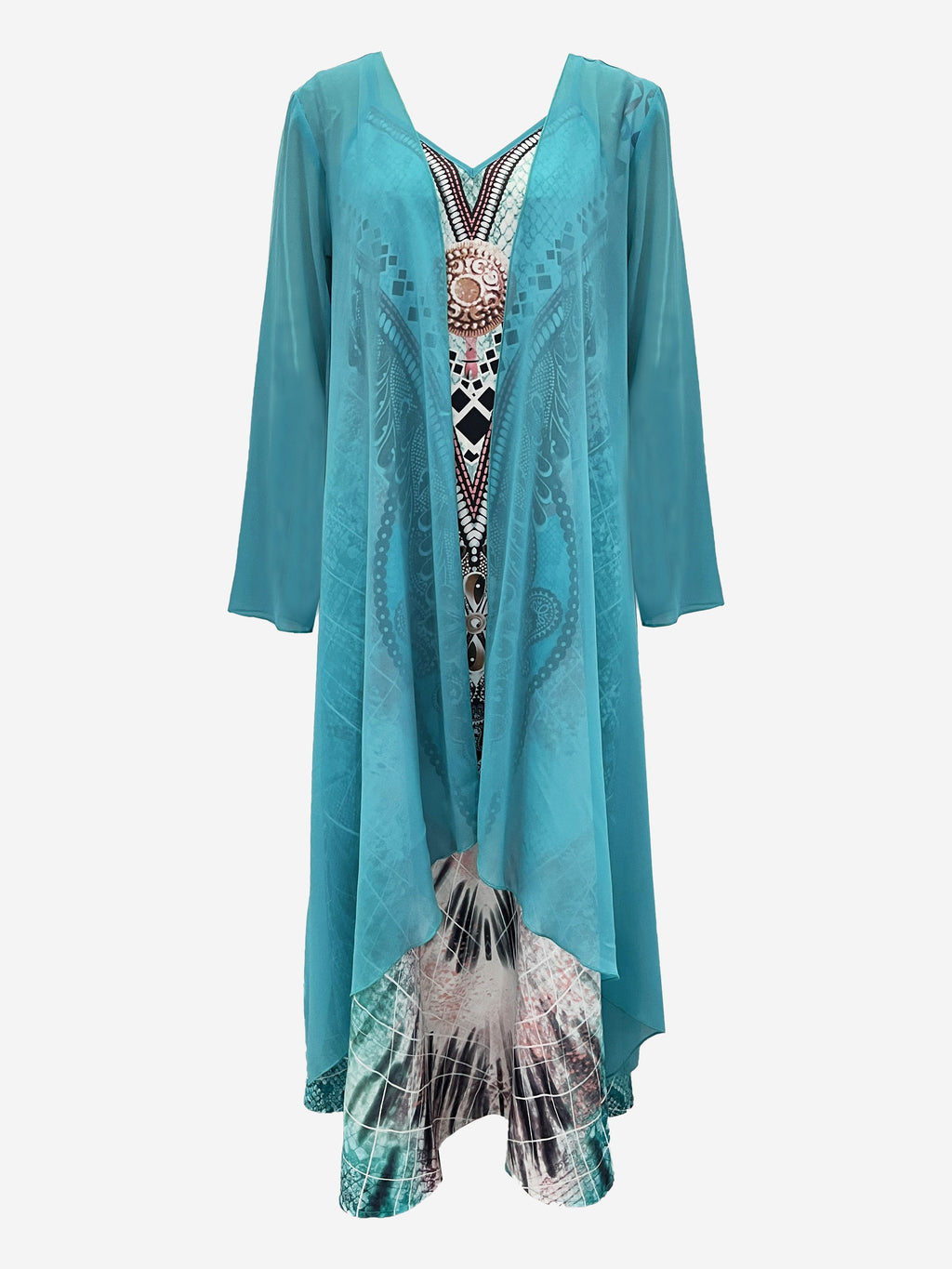 Bohemian Style Long Dress Set for Women - Two-Piece Chiffon Jacket and V-Neck Printed Maxi Dress, Casual Date Outfit with Ethnic Patterns, Vacation Wear