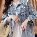 Spring\u002FFall Casual Jacket with Lapel Collar, Color Block Pattern, Long Sleeve, Button Details, Polyester Fabric, 130 g\u002Fm², Woven, Fashionable and Stylish for Going Out