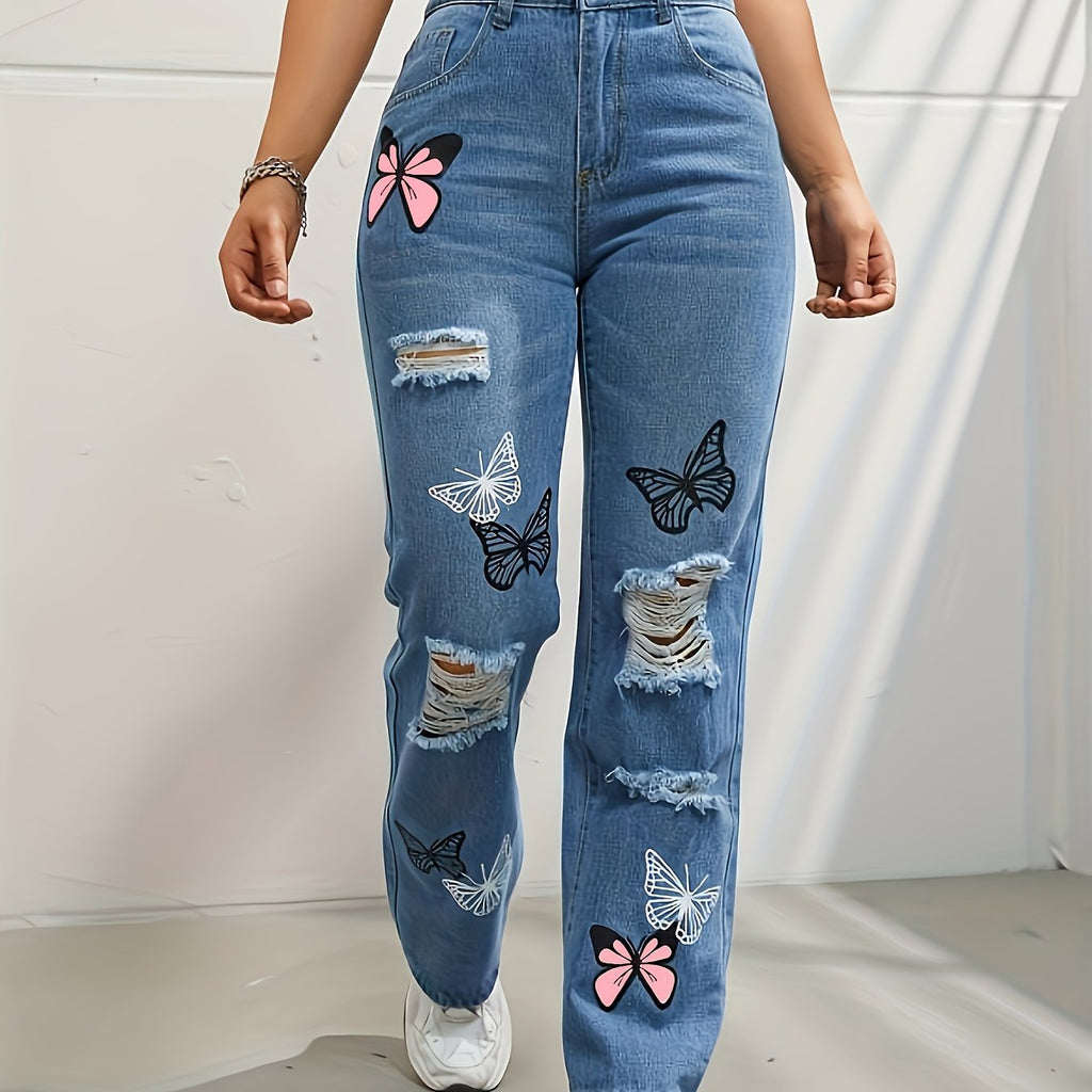 Women's High-Waist Distressed Butterfly Print Straight-Leg Jeans - Light Blue Denim with Black & Pink Butterfly Design, Ripped Detail, Casual Spring\u002FSummer Style, Butterfly Pants