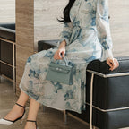 Elegant Floral Print A-Line Dress with Adjustable Waist and Crew Neck - Light Blue Floral Pattern, Short Sleeve, Summer Women'S Dress, Elegant Event Attire | Floral Print Dress | Sleeveless Dres