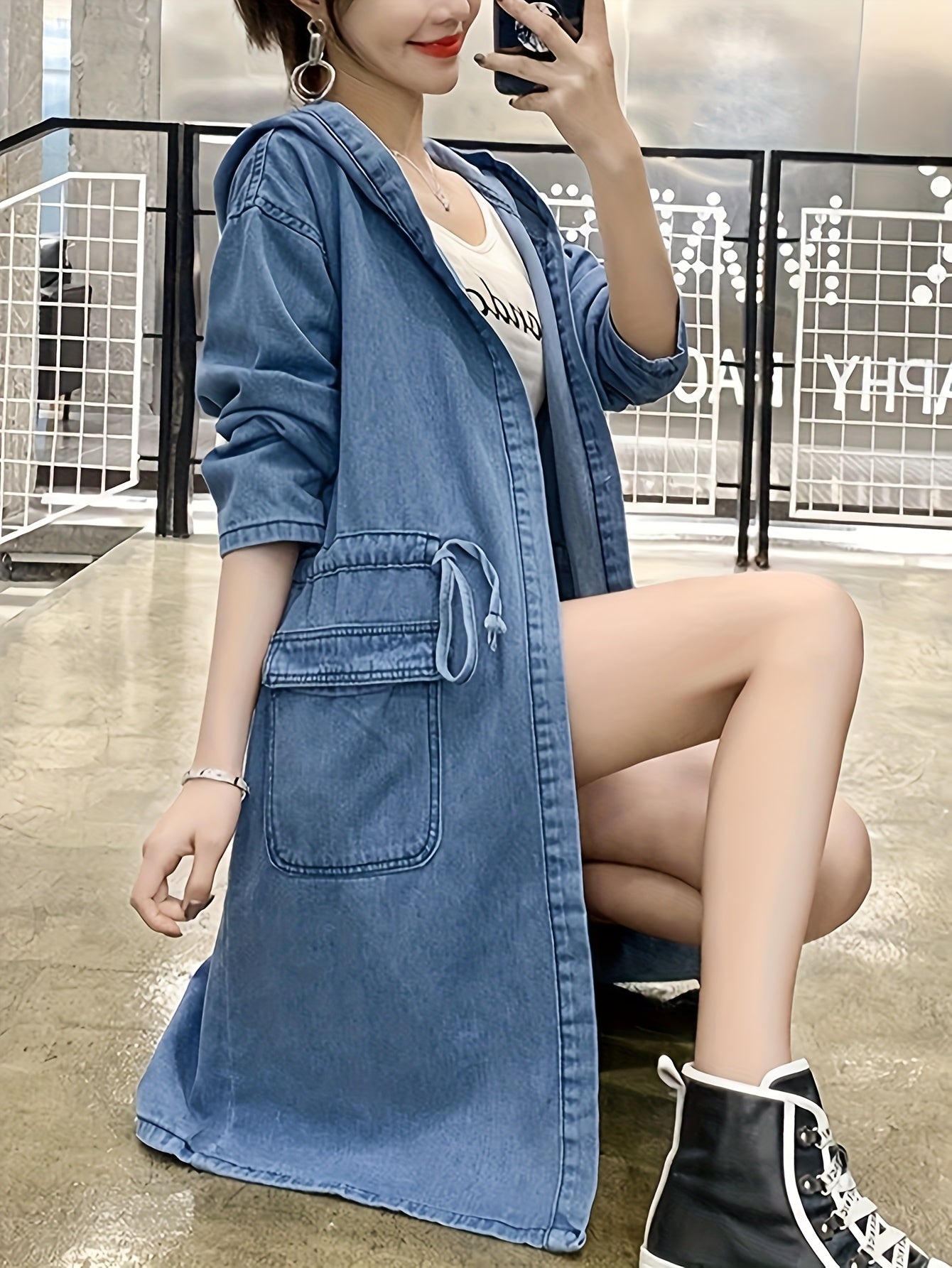 Women'S Vintage-Inspired Faux Denim Jacket with Kangaroo Pocket - Long Sleeve, Hooded, Non-Stretch Fabric, Casual Style, Spring\u002FSummer Collection, Blue Jean Jacket for Women