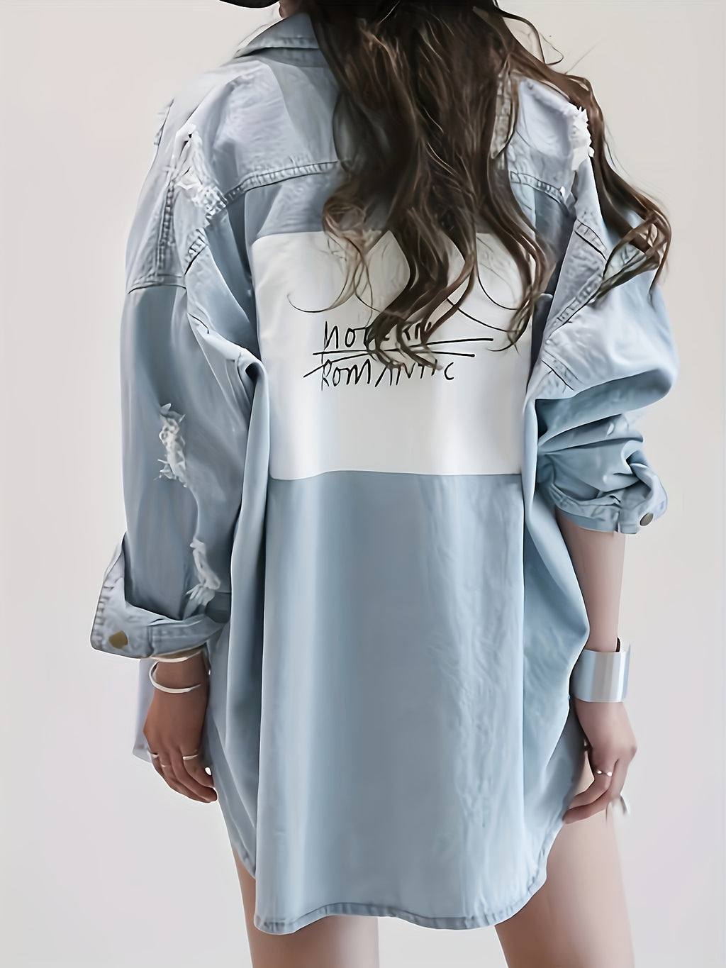 Letter Print Ripped Loose Fit Long Sleeve Light Washed Blue Denim Shirts Jacket, Women's Denim Jeans & Clothing