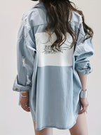 Letter Print Ripped Loose Fit Long Sleeve Light Washed Blue Denim Shirts Jacket, Women's Denim Jeans & Clothing