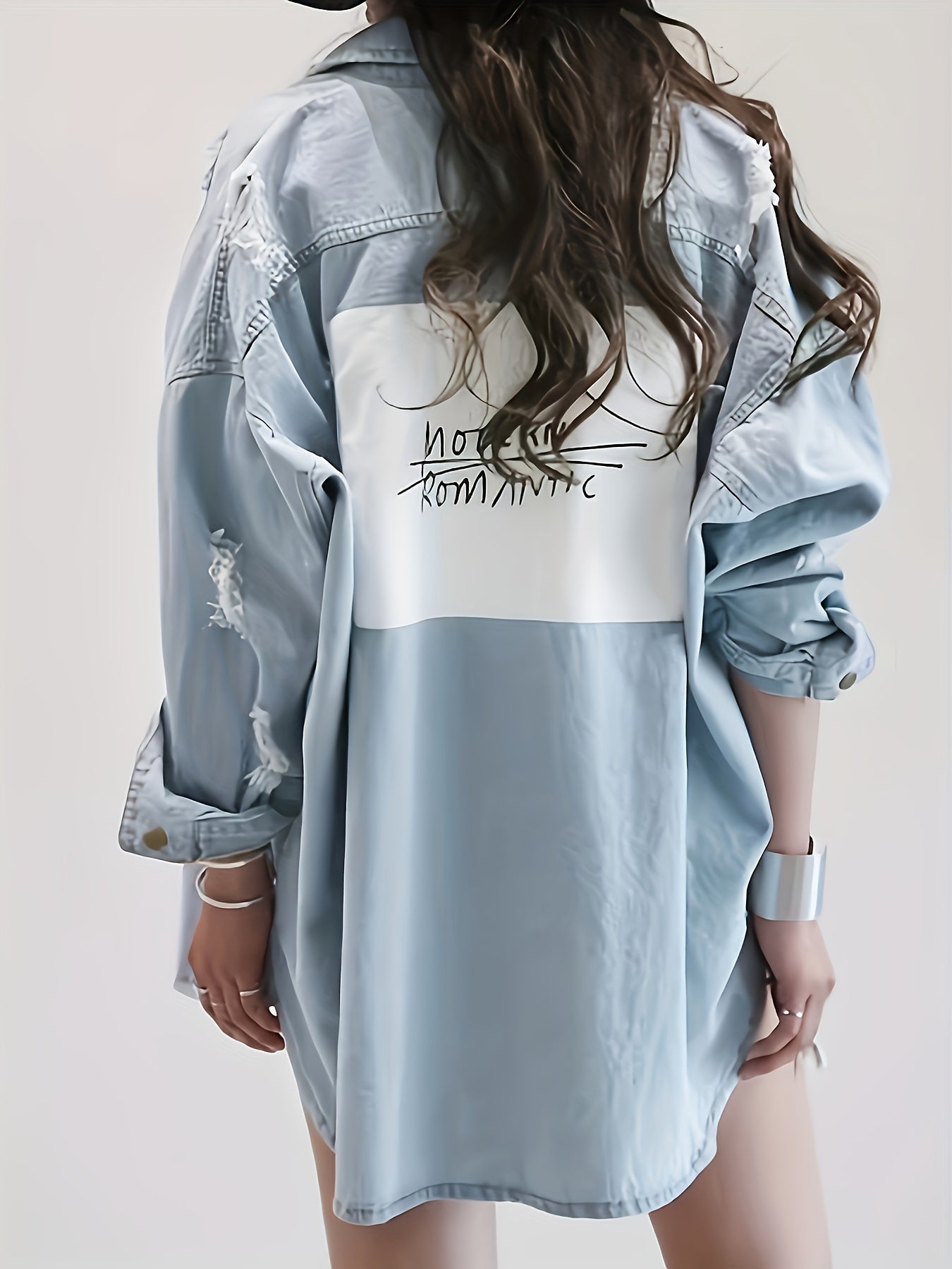Letter Print Ripped Loose Fit Long Sleeve Light Washed Blue Denim Shirts Jacket, Women's Denim Jeans & Clothing