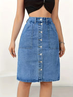 Sexy Denim Skirt for Women - Solid Color, Woven, Button Detail, Split Hem, Regular Fit, No Belt, Spring\u002FFall Collection