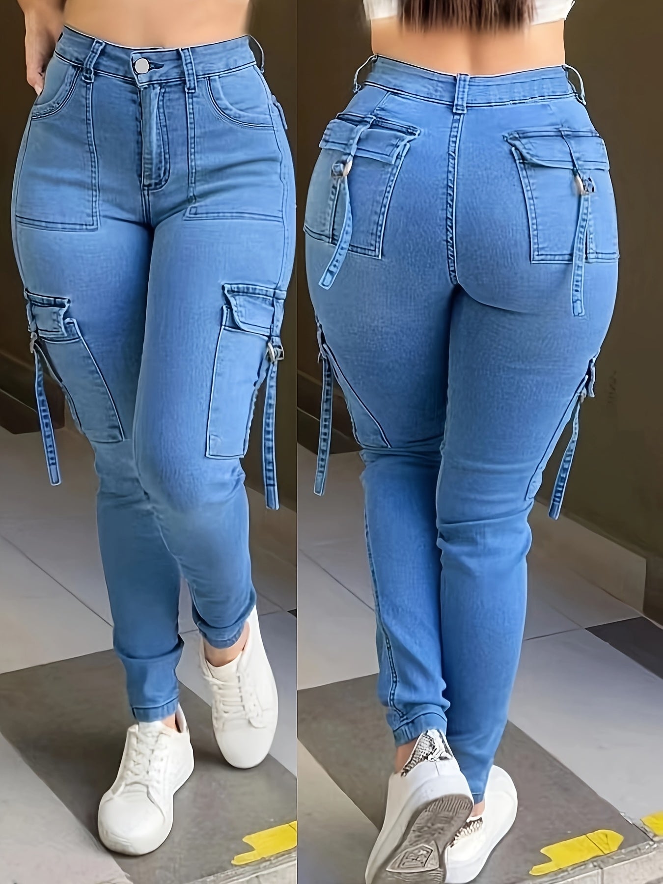 Women's High-Elasticity Skinny Cargo Jeans with Side Pockets - Stretch Denim, Mid-Rise, Light Blue, Street Style, Machine Washable