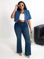 Plus Size Women'S Stretch Denim Short Sleeve Vest - Elegant V-Neck Button-Up Jacket with Pockets, Medium Stretch Fabric, Perfect for Spring\u002FSummer Casual Wear, Jean Jacke