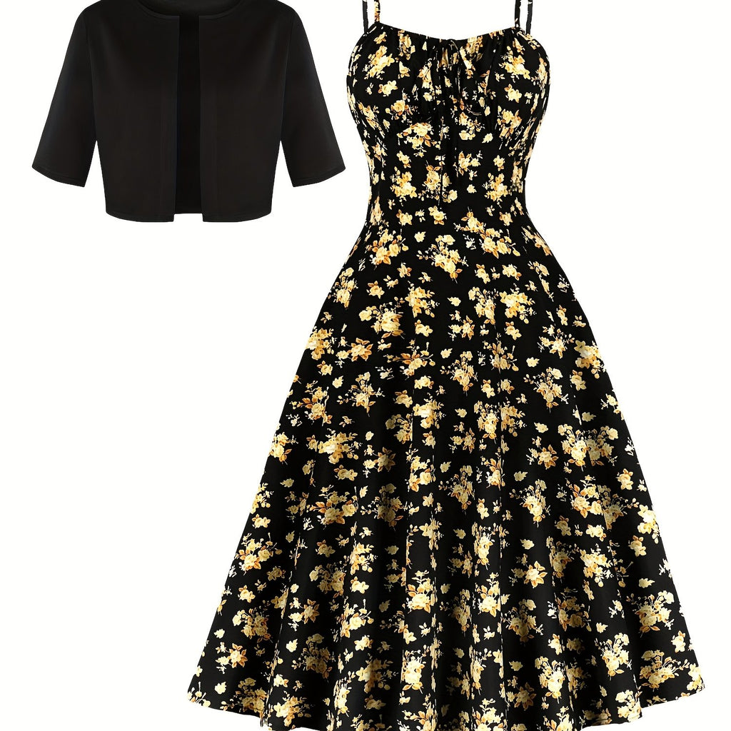 Charming Floral Strap Skirt Women's Sweet Versatile Black Blouse Dress Set