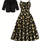 Charming Floral Strap Skirt Women's Sweet Versatile Black Blouse Dress Set