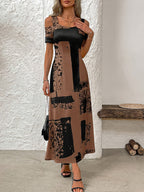 Women'S Summer Vacation Dress - Square Neck, Short Sleeve, Knit Fabric, 170g\u002Fm², Polyester and Spandex Blend, Long Length, Strapless A Pendulum Dress with Drawing Pattern