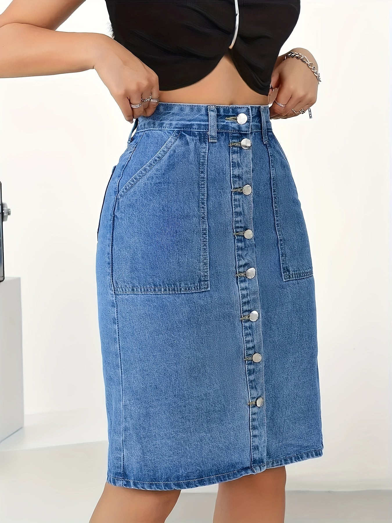 Sexy Denim Skirt for Women - Solid Color, Woven, Button Detail, Split Hem, Regular Fit, No Belt, Spring\u002FFall Collection