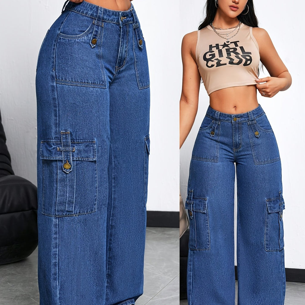 Women'S High-Waisted Cargo Jeans with Multiple Pockets - Stretch Denim, Raw Wash Finish, Straight Leg, Casual Streetwear Style, Blue, Casual Streetwear | Multi-Pocket Design | Comfortable Fit Jeans