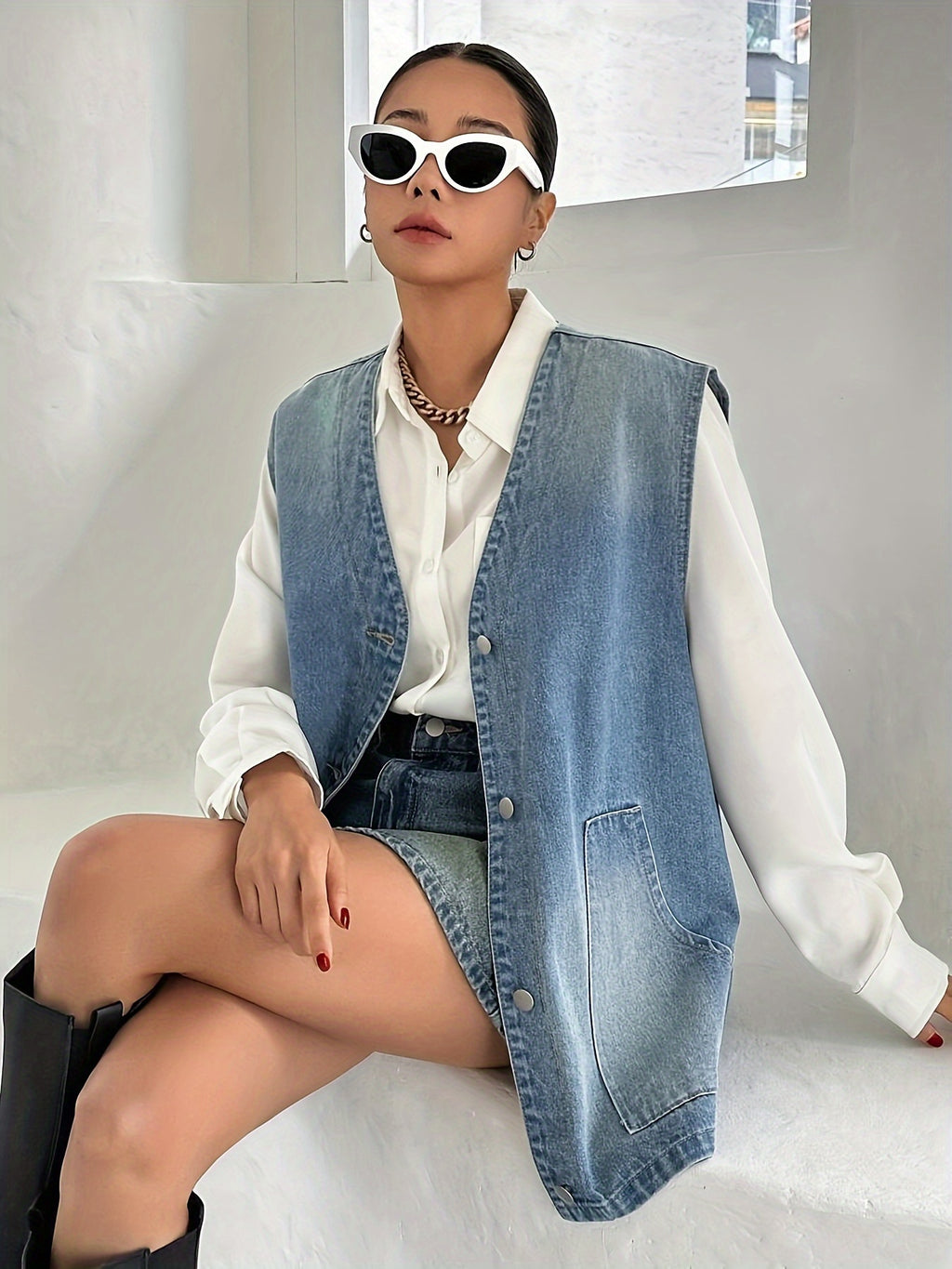 Women's Vintage Washed Blue Denim Vest - Loose Fit Button-Up Sleeveless Jacket with Flap Pockets, Retro Style, Machine Washable