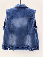Women's Sleeveless Denim Vest with Pearl Details - Distressed Ripped Jean Jacket, Flap Pockets, Raw Hem, Button-Up Front, Light Blue Denim, Elegant Summer Style